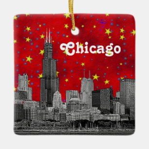 Chicago Silhouette Gegraveerd, Rode Sterrenhemel Keramisch Ornament
