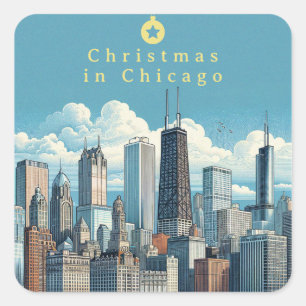 Chicago Silhouette Kerstmis Blauw Vierkante Sticker