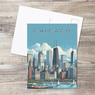 Chicago Silhouette Modern Blauw Ansichtkaart Briefkaart