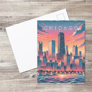 Chicago Silhouette Modern Oranje Blauw Ansichtkaar Briefkaart