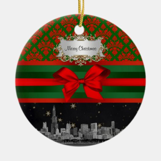 Chicago Silhouette Rood Groen Damast #2 Boog Kerst Keramisch Ornament (Voorkant)