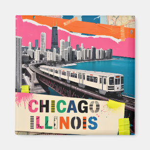 Chicago Silhouette Trein Pop Art Collage Retro Rei Magneet