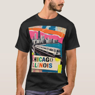 Chicago Silhouette Trein Pop Art Collage Retro Rei T-shirt