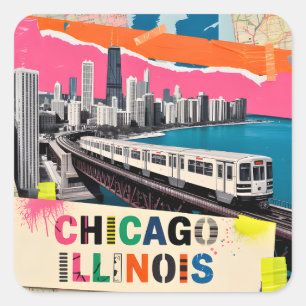 Chicago Silhouette Trein Pop Art Collage Retro Rei Vierkante Sticker