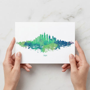Chicago Silhouette Watercolor Blauwe Groene Stads  Briefkaart