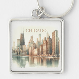 Chicago Silhouette Waterverf Landmark Op Maat Sleutelhanger