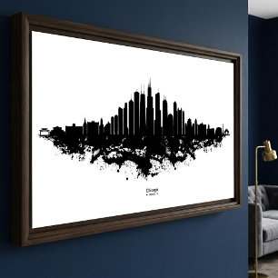 Chicago Silhouette Zwart Wit Aquarel Stads Kunst Foto Afdruk