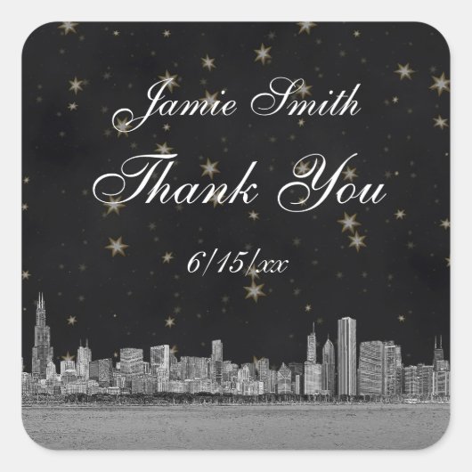 Chicago Skyline #2 zwart gouden ster dank u Vierkante Sticker (Voorkant)