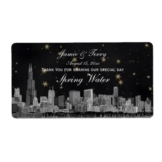 Chicago Skyline #2 zwart gouden ster H waterfles Etiket (Voorkant)