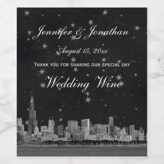 Chicago Skyline #2 zwart gouden ster H waterfles Wijn Etiket (Enkel label)