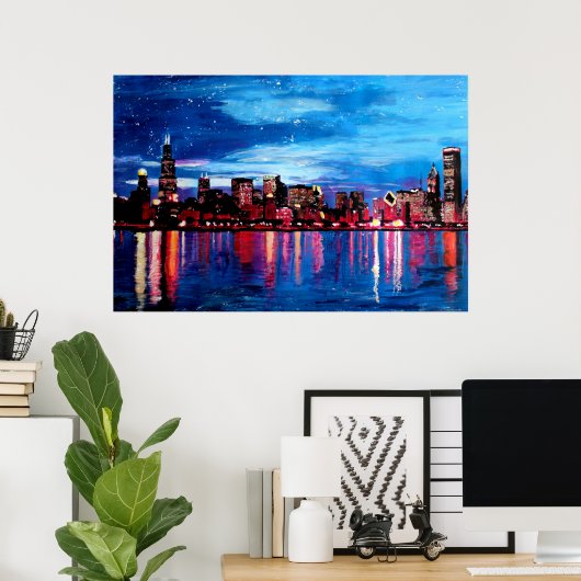 Chicago Skyline bij nacht Poster (Thuiskantoor)
