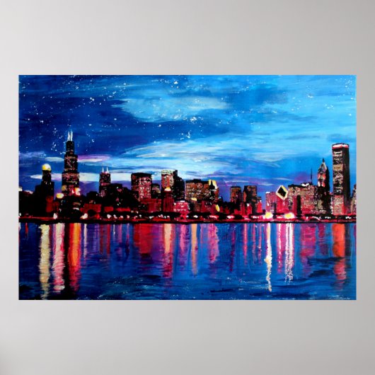 Chicago Skyline bij nacht Poster (Voorkant)