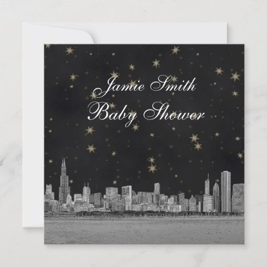 Chicago Skyline Black Gold Star Baby shower Kaart (Voorkant)