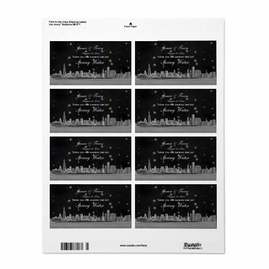 Chicago Skyline Black Gold Star H Water Bottle Etiket (Full Sheet)