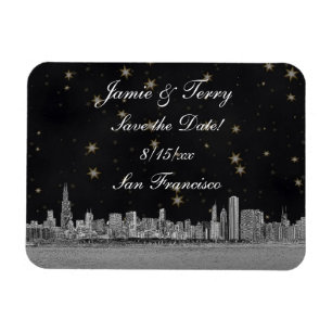 Chicago Skyline Black Gold Star Save the Date Magneet