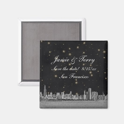 Chicago Skyline Black Gold Star Save the Date Magneet (Voorkant / Achterkant)