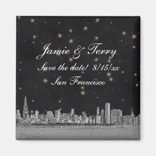 Chicago Skyline Black Gold Star Save the Date Magneet