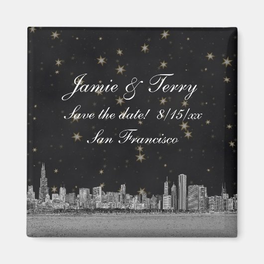 Chicago Skyline Black Gold Star Save the Date Magneet (Voorkant)