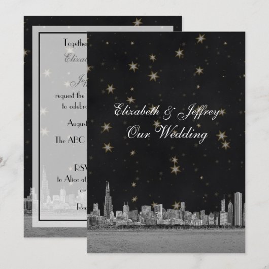 Chicago Skyline Black Gold Star V bruiloft Kaart (Voorkant / Achterkant)