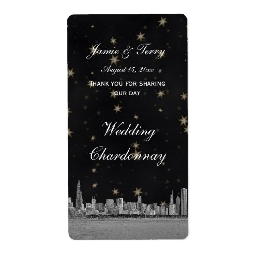 Chicago Skyline Black Gold Star Wijnlabel Etiket (Voorkant)