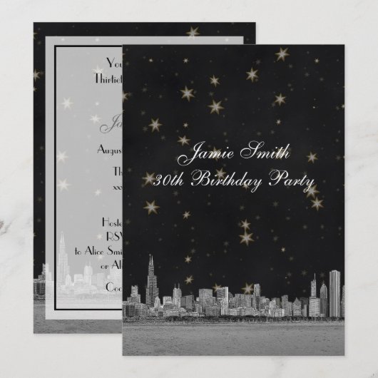 Chicago Skyline Blk Gold Star Birthday Party V Kaart (Voorkant / Achterkant)
