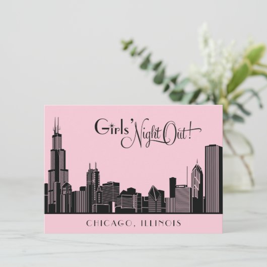 Chicago Skyline Bruiloft Bachelorette Party Roze Kaart (Staand voorkant)
