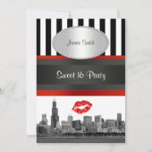 Chicago Skyline BW Blk Wht Strp Rood Kiss Sweet 16 Kaart (Voorkant)