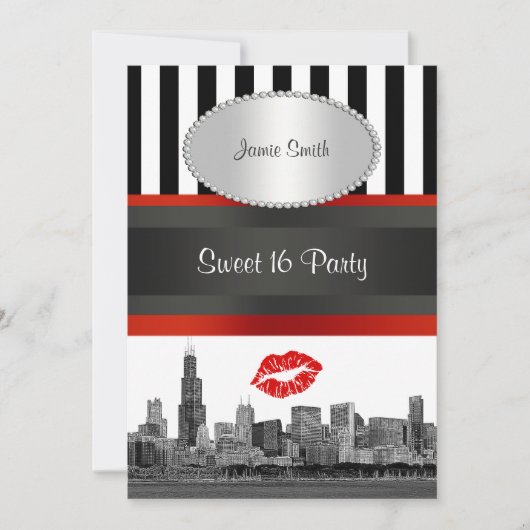 Chicago Skyline BW Blk Wht Strp Rood Kiss Sweet 16 Kaart (Voorkant)