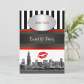 Chicago Skyline BW Blk Wht Strp Rood Kiss Sweet 16 Kaart (Staand voorkant)