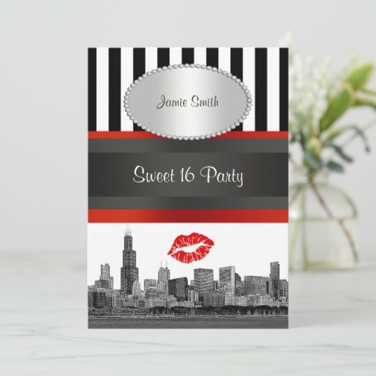 Chicago Skyline BW Blk Wht Strp Rood Kiss Sweet 16 Kaart (Staand voorkant)