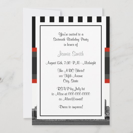 Chicago Skyline BW Blk Wht Strp Rood Kiss Sweet 16 Kaart (Achterkant)