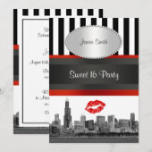 Chicago Skyline BW Blk Wht Strp Rood Kiss Sweet 16 Kaart (Voorkant / Achterkant)