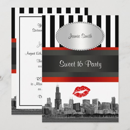 Chicago Skyline BW Blk Wht Strp Rood Kiss Sweet 16 Kaart (Voorkant / Achterkant)