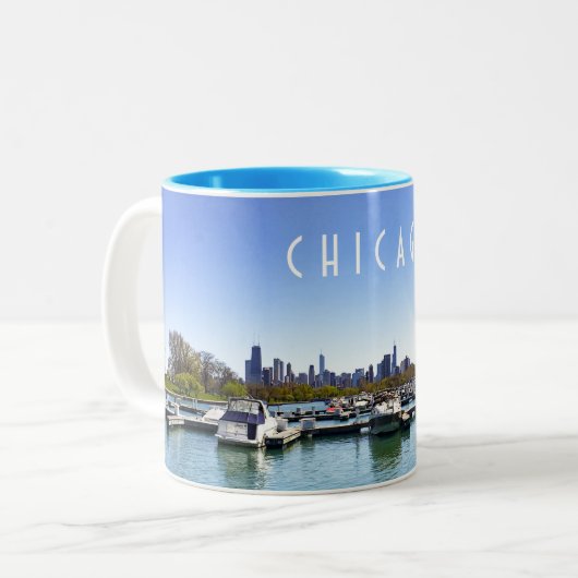 Chicago Skyline Diversey Harbror Tweekleurige Koffiemok (Voorkant links)