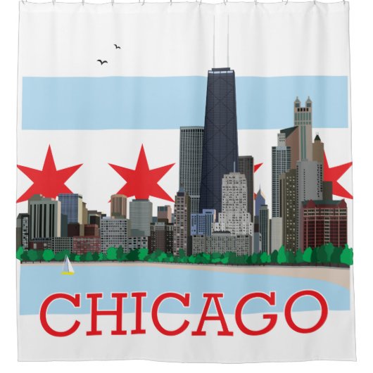 Chicago Skyline en City Flag Douchegordijn (Voorkant)