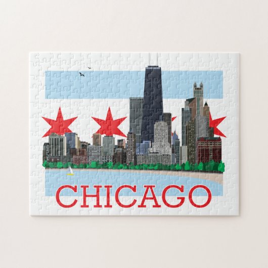 Chicago Skyline en City Flag Legpuzzel (Horizontaal)