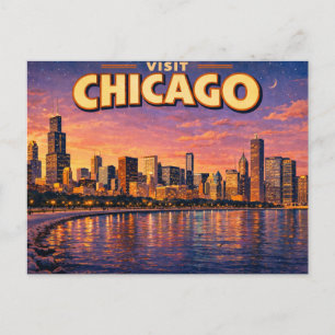 Chicago skyline en Lake Michigan in de avond Briefkaart