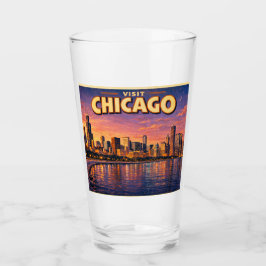 Chicago skyline en Lake Michigan in de avond Glas