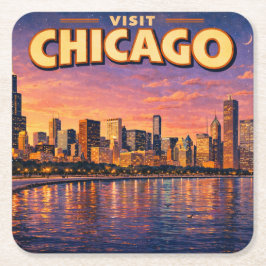 Chicago skyline en Lake Michigan in de avond Kartonnen Onderzetters