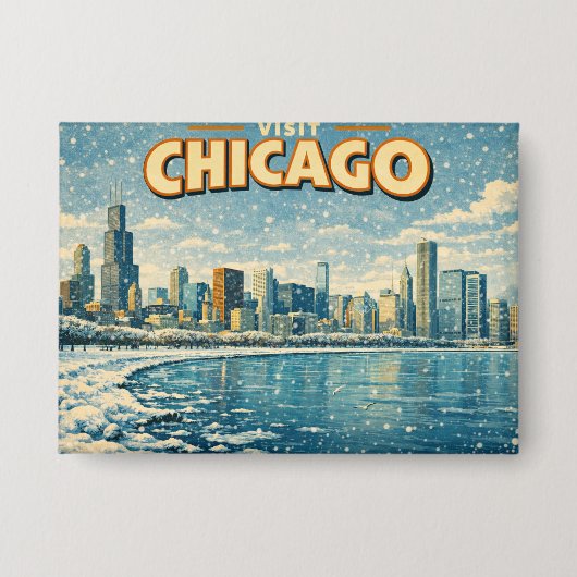Chicago skyline en Lake Michigan in de winter Button (Voorkant)