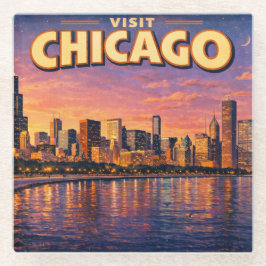 Chicago skyline en Lake Michigan 's avonds Glazen Onderzetter