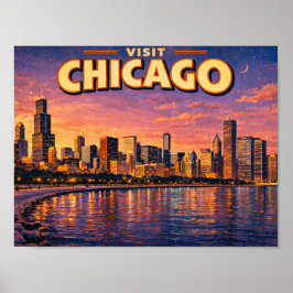 Chicago skyline en Lake Michigan 's avonds Poster