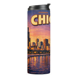 Chicago skyline en Lake Michigan 's avonds Thermosbeker