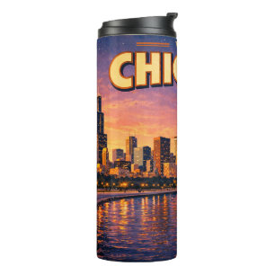 Chicago skyline en Lake Michigan 's avonds Thermosbeker