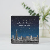 Chicago Skyline Etch Blue Starry SQ Sweet 16 Kaart (Staand voorkant)
