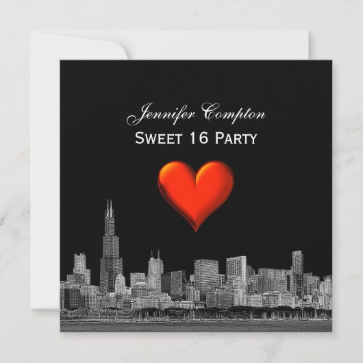 Chicago Skyline Etch DIY BG Red Heart SQ Sweet 16 Kaart (Voorkant)