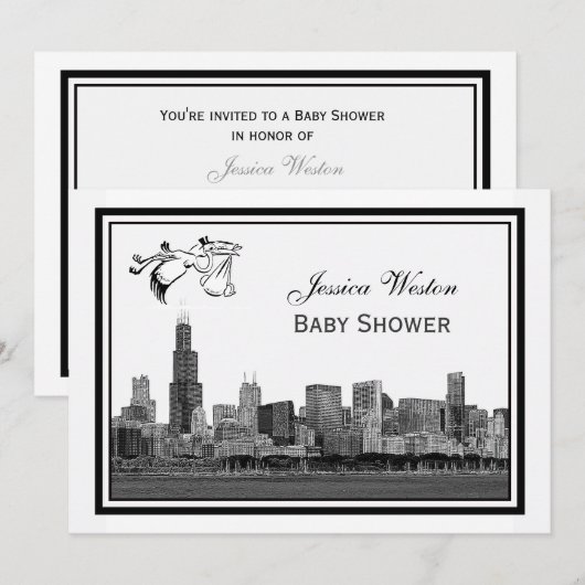 Chicago Skyline Etch ingelijst #2H Baby shower Sto Kaart (Voorkant / Achterkant)