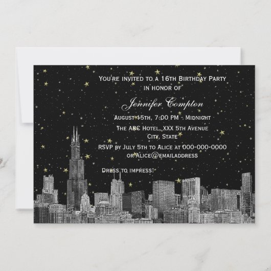 Chicago Skyline Etch Starry DIY BG SQ Sweet 16 H Kaart (Achterkant)