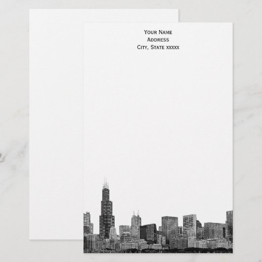 Chicago Skyline Etched 01 Stationery Briefpapier (Voorkant / Achterkant)