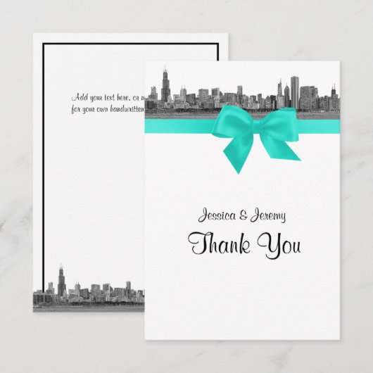 Chicago Skyline Etched BW Aqua Dank u Bedankkaart (Voorkant / Achterkant)
